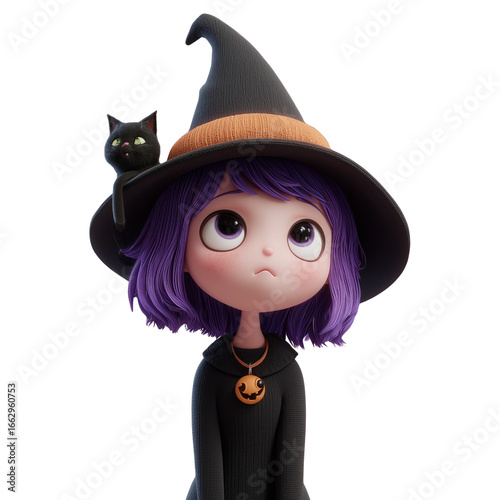 3d cute witch on transparent png background
