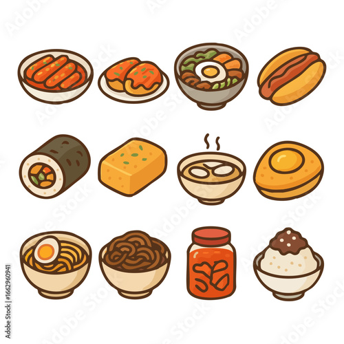 asian Korean Food Icons Cute  Colorful Vector Graphics