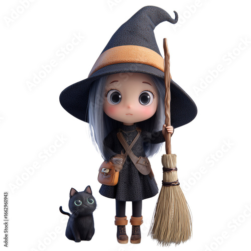 3d cute witch on transparent png background