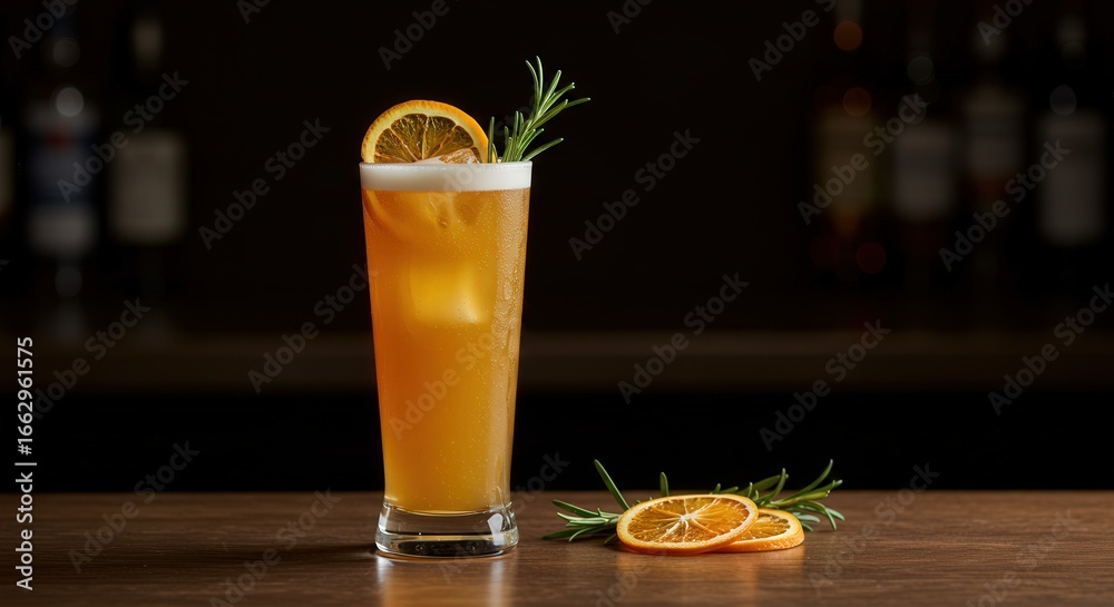 Fototapeta premium refreshing cocktail in tall glass with orange slice and rosemary garnish on wooden surface in dimly lit bar setting. perfect for craft cocktail enthusiasts and mixology scenes