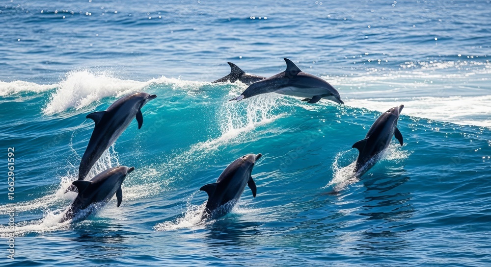 Obraz premium Playful Dolphins Jumping over Waves – Hawaii Pacific Ocean Wildlife Scenery.
