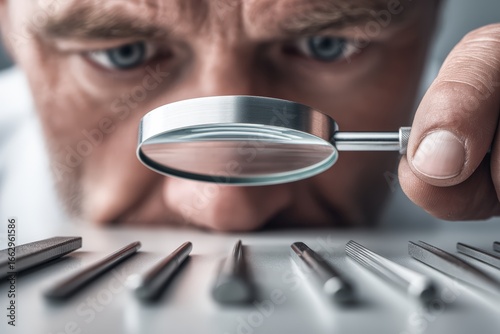 Close-up of professional inspecting precision tools with magnifying glass, demonstrating detailed examination and quality control in an industrial or manufacturing environment