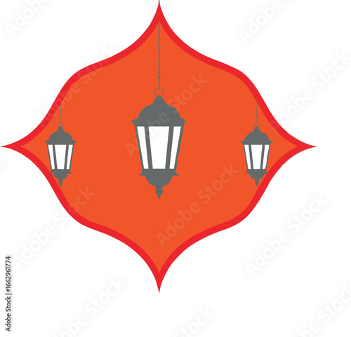 Ornate orange graphic design featuring hanging lanterns.