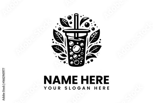 Bubble Tea Logo Design Black and White Illustration.