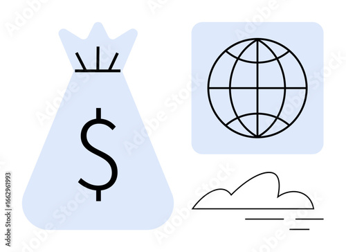 Money bag with dollar sign, globe symbol, and cloud silhouette represent global finance, wealth, and connectivity. Ideal for economy, trade, growth, investment globalization sustainability simple
