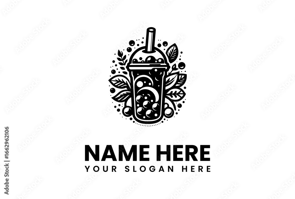 Fototapeta premium Detailed Black and White Boba Drink Logo with Leafy Embellishments.