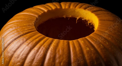 Closeup of a carved pumpkin open at the top with visible ridges