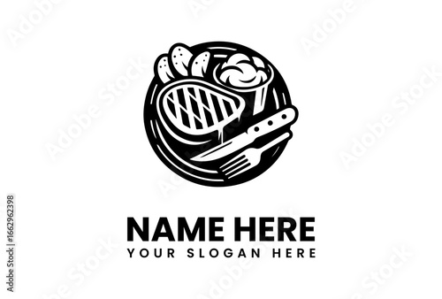 Detailed Black and White Restaurant Logo Featuring Steak Sausage and Condiments.