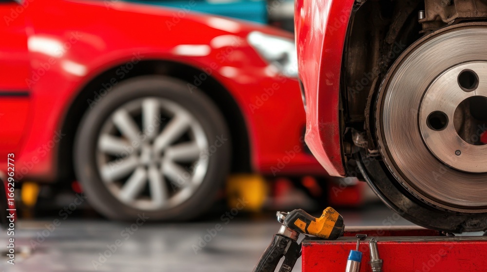 Fototapeta premium Mechanic Checking Car Maintenance in Garage with Red Automobiles Focused on Wheel and Tools