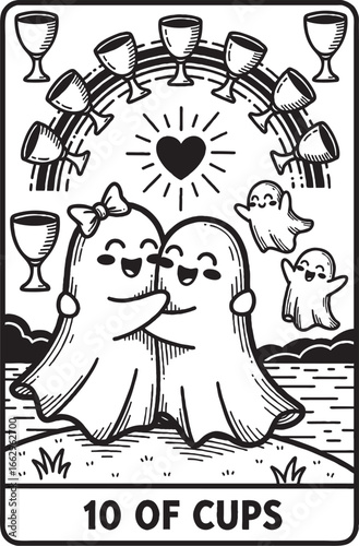 Cute Ghost Couple on 10 of Cups Tarot Card with Rainbow and Family Symbol