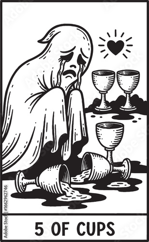 Grieving Ghost on 5 of Cups Tarot Card with Spilled and Standing Cups