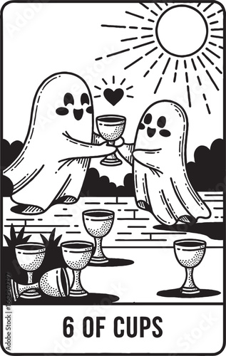 Two Happy Ghosts Sharing Drinks on 6 of Cups Tarot Card in Sunny Field
