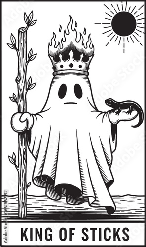 Ghost King Holding Wand on King of Sticks Tarot Card with Crown and Flames