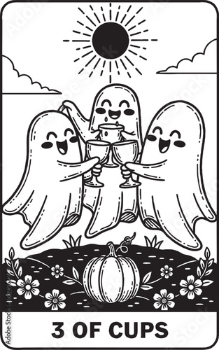 Three Ghosts Toasting Cups on 3 of Cups Tarot Card with Pumpkin and Sun