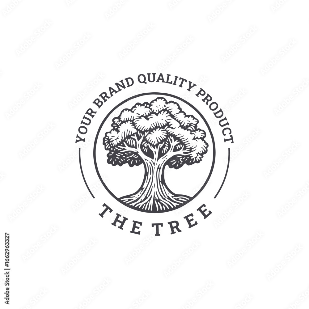 Obraz premium Vintage tree logo showing wisdom, balance, and nature.