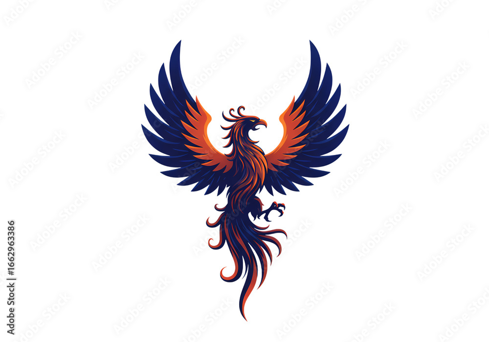 Obraz premium Majestic Phoenix Bird Mythical Creature Design Wings Spread Fiery Emblem Logo Concept on transparent background
