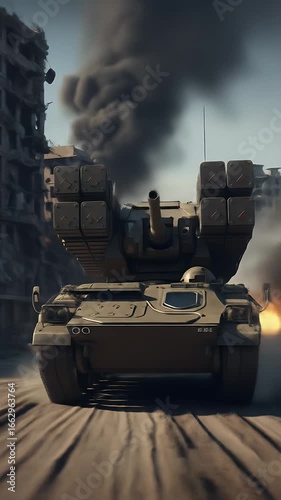 Powerful Military Tank Advances Through a Destroyed City Amidst Smoke and Fiery Explosions