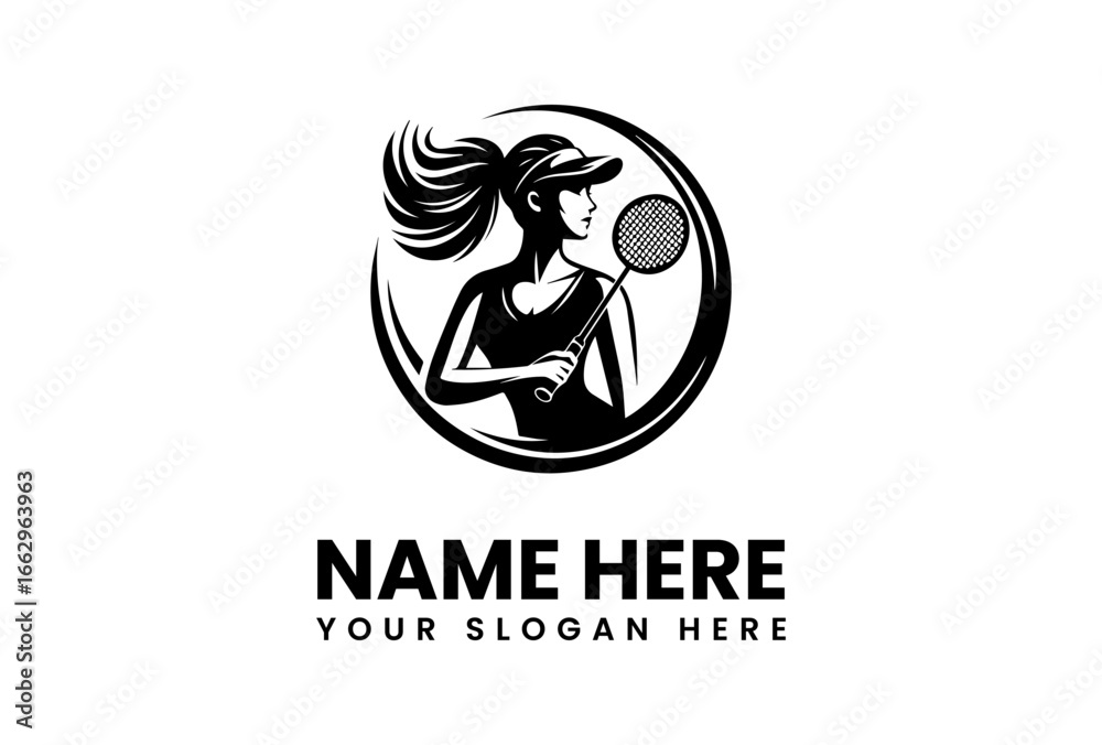 Fototapeta premium Elegant Badminton Player Silhouette with Racket Inside Circular Frame.