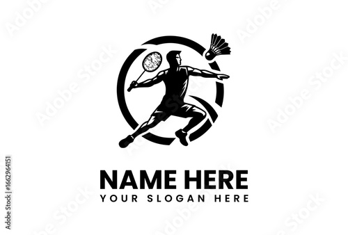 Dynamic Badminton Player Silhouette with Shuttlecock and Racket in Action.