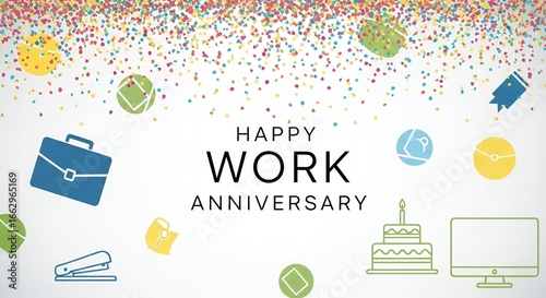 Celebrate happy work anniversary with confetti and office icons for employee recognition and appreciation