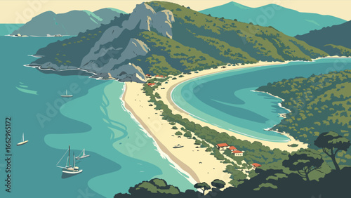 Scenic coastal landscape painting of tropical beach with sailboats and mountain views for travel posters