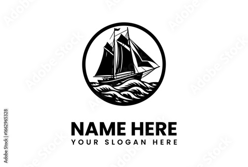 Elegant Black and White Schooner Sailing on Wavy Sea in Oval Frame.