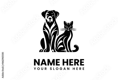 Elegant Black Silhouette of Dog and Cat Logo Design.