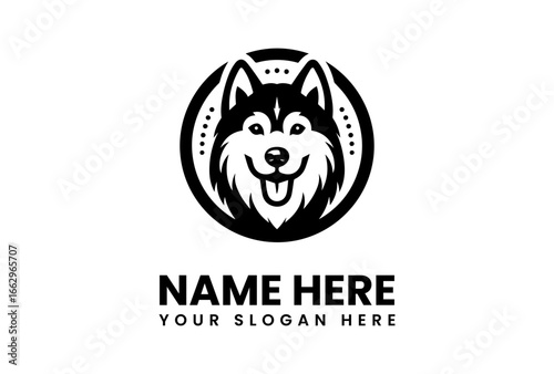 Happy Husky Dog Head Logo Design in Black and White Circle.