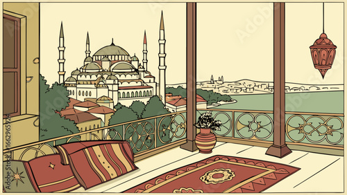 Istanbul balcony view with blue mosque and turkish lantern art vector illustration design tourism concept