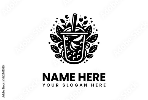 Ornate Black and White Bubble Tea Cup Logo Design.