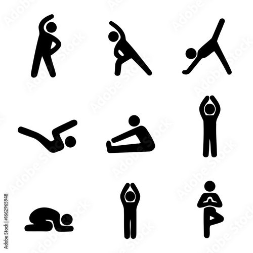Fitness Pose Collection: A curated set of simple, illustrative representations of fitness poses, highlighting key movements for physical well-being and active lifestyles.