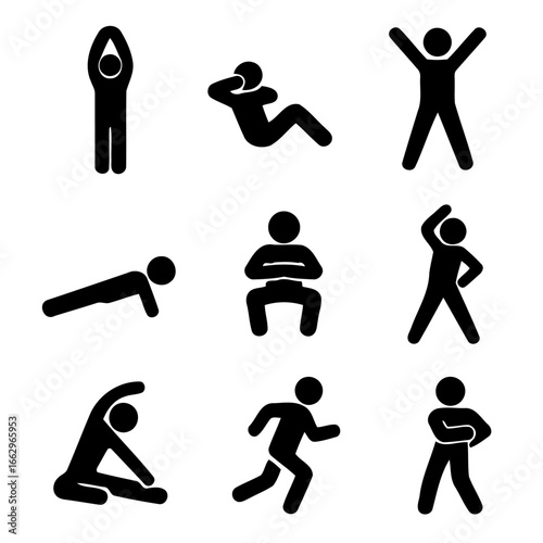Iconic Fitness Routines: A collection of minimalistic, stick-figure icons showcases a variety of exercises, perfect for illustrating workout routines, fitness guides, or healthy lifestyle concepts.