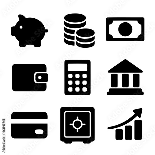 Financial Icons: A collection of minimalist financial icons, including a piggy bank, coins, money, wallet, calculator, bank, credit card, safe, and a growth graph, symbolizing finance and savings.