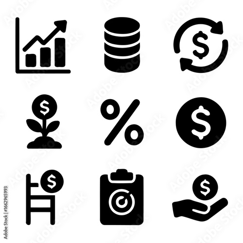 Investment and Finance Icons: A collection of financial icons representing growth, savings, transactions, investment, and financial concepts, perfect for illustrating business.