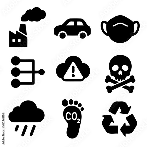 Environmental concerns and pollution: A collection of graphic elements. Showing air pollution. Focus on environmental issues and health risks.