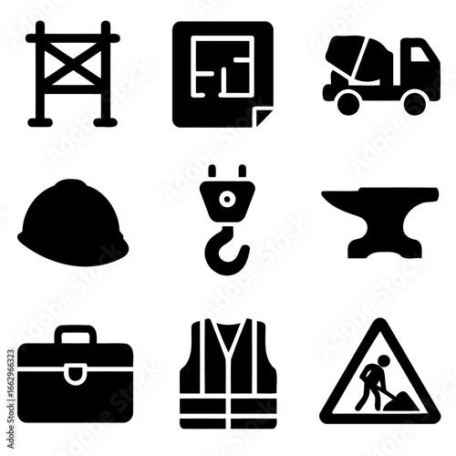 Construction Icons: A collection of construction-related icons, including a blueprint, cement truck, hard hat, crane hook, anvil, briefcase, safety vest, and a warning sign.