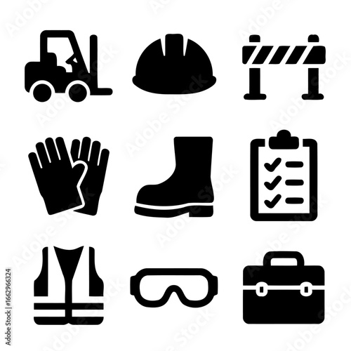 Construction Safety Icons: A collection of essential construction safety icons, including a forklift, hardhat, barrier, gloves, boot, checklist, vest, goggles, and a toolbox.