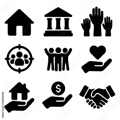 Community and Care: An icon set depicts core values of community, compassion, housing, and financial support, expressing themes of human connection and social responsibility.