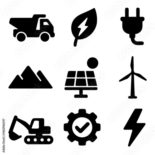 Eco-Friendly Symbols: A collection of minimalistic symbols conveying eco-consciousness, resource management, green initiatives, and renewable energy sources.