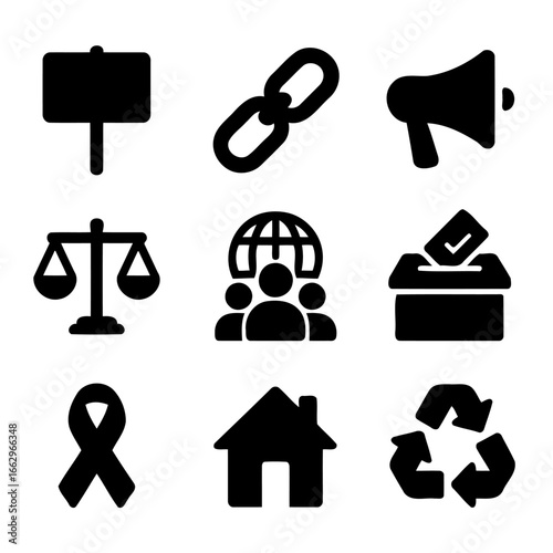 Symbol of Community: A cohesive collection of minimalist black icons, representing social issues, legal concepts, and environmental awareness.
