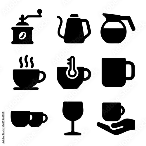 Coffee Essentials Silhouette: A collection of meticulously crafted icons depicting various coffee-related elements, from a manual grinder to steaming cup.