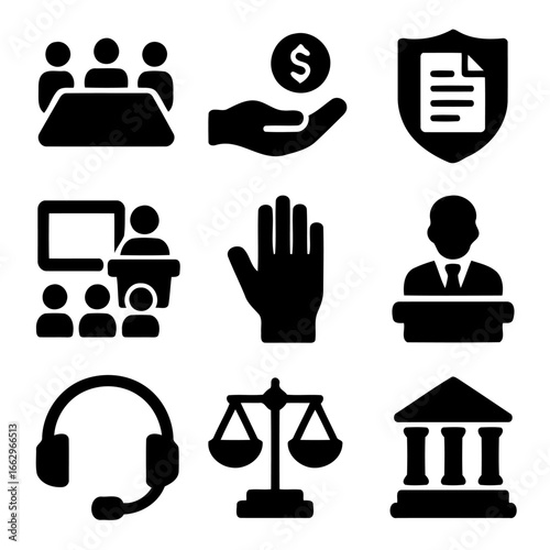 Legal and Financial Icons: A collection of intricately crafted legal and financial icons, rendered in a minimalist style, representing concepts like law, security, and transaction.