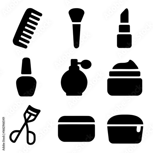Cosmetics essentials: A collection of beauty tools in elegant black silhouette, a visual narrative of tools of transformation and beautification, evoking the essence of self-care and artistry.
