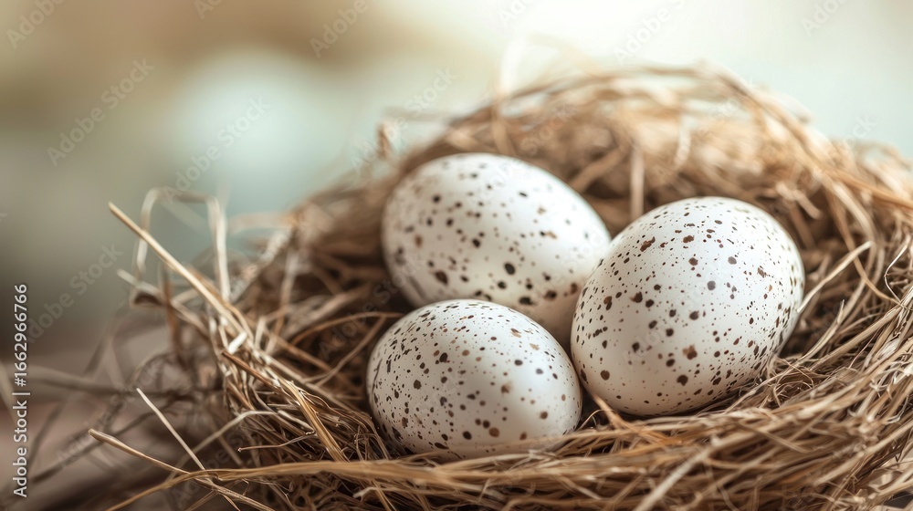 Obraz premium Three speckled eggs in a straw nest.