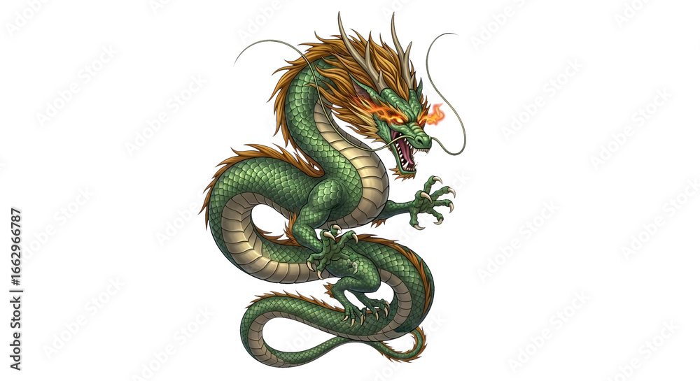 Fototapeta premium A vibrant green dragon with intricate details, poised and ready to strike.