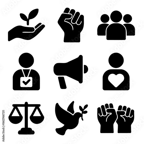 Unity & Equality Icon Set: A curated collection of meticulously crafted, monochrome icons symbolizing the essence of social justice, togetherness, and positive change. The set includes imagery.