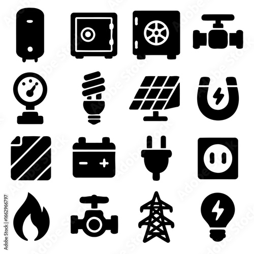 Illustrative Icon Set of Utilities: A carefully curated collection of minimalist graphic icons representing essential utility components.