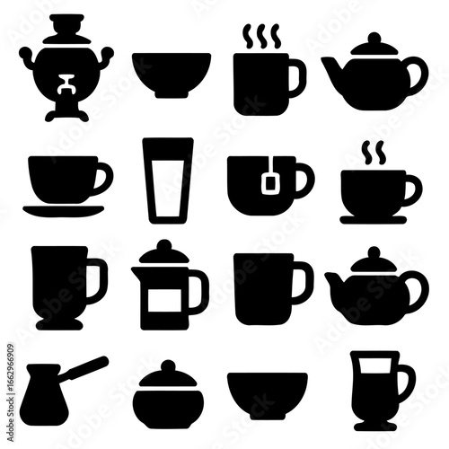 Tea and Beverage Icon Collection: A diverse array of elegant icons representing a selection of drinks, each portraying a unique vessel. the collection includes a teapot, a teacup, a glass and a bowl.