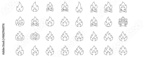 Minimalistic outline fire and flame icons set representing heat, energy, burning, campfire, wildfire, bonfire, and hazard symbols vector illustration in clean linear style