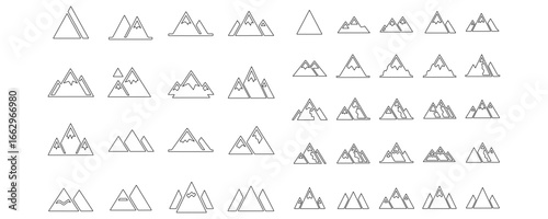 Minimalistic outline mountain icons set representing peaks, hills, nature, adventure, hiking, climbing, and outdoor landscape symbols vector illustration in clean linear style